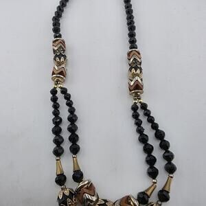 Black Beaded Statement Necklace Gold Tone Brown Silver Chunky Fashion Jewelry